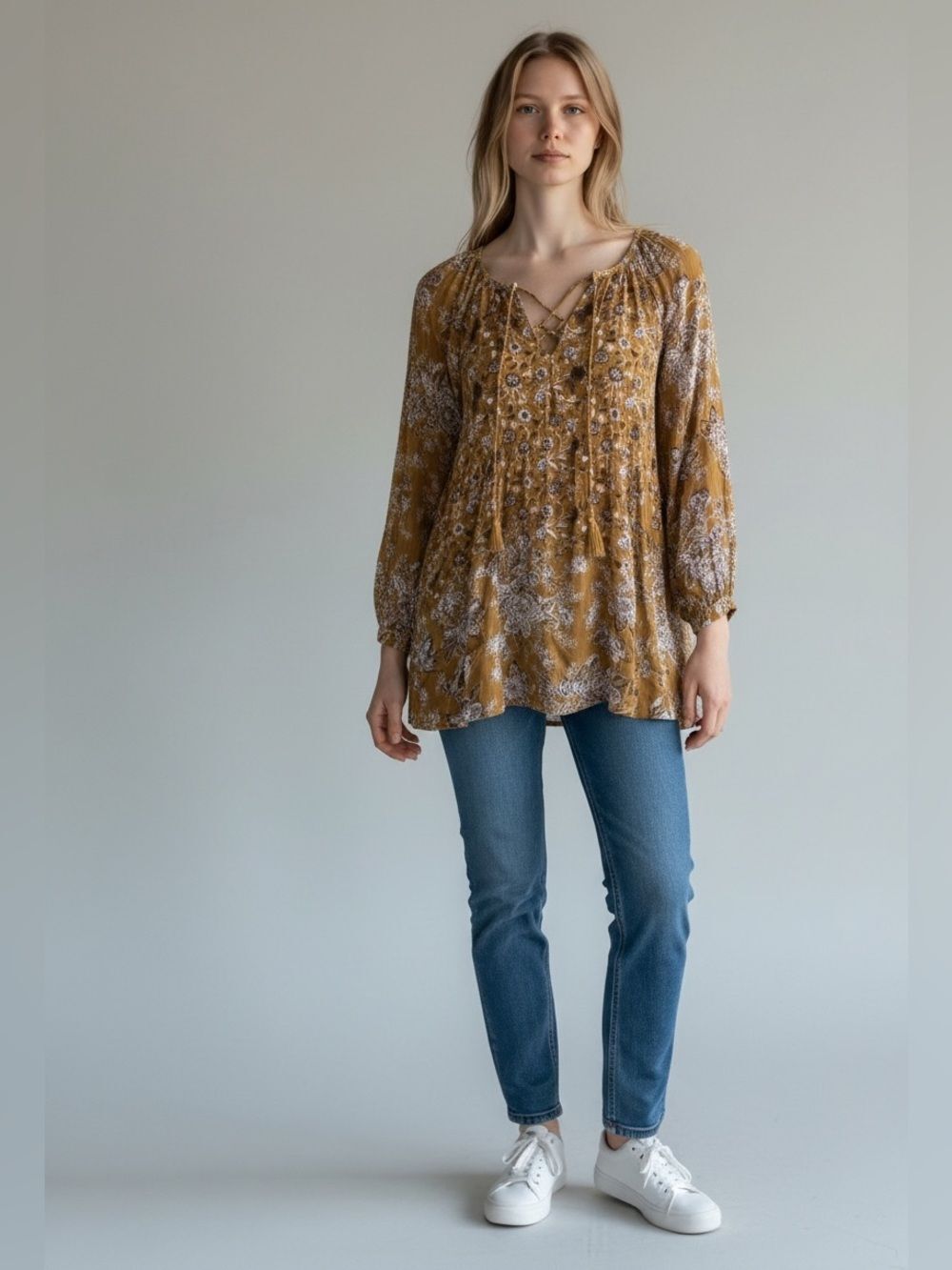 Free People mustard floral boho blouse tunic XS